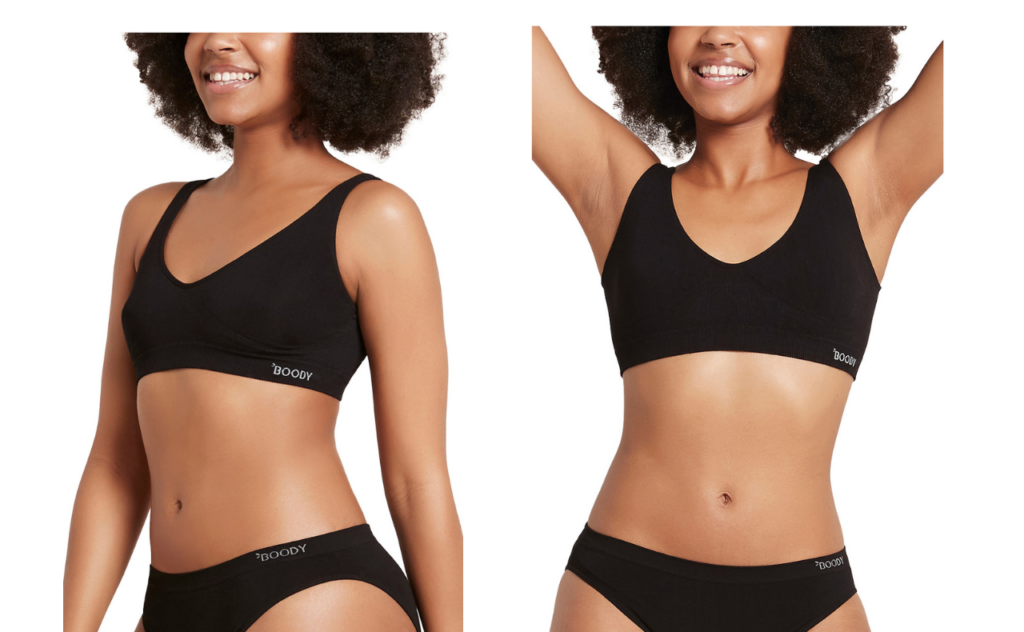 Model wears Boody crop shaper bra suitable for the postpartum