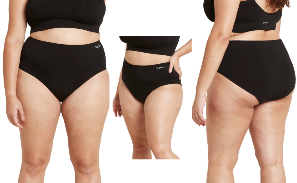 Three images of Boody's period and leakproof briefs, suitable for postpartum