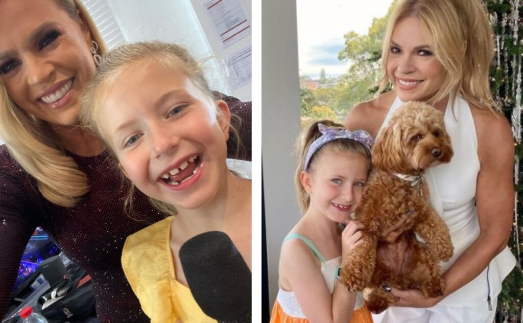 Sonia Kruger daughter's Maggie holds a microphone, plus the two cuddle up to their pet dog