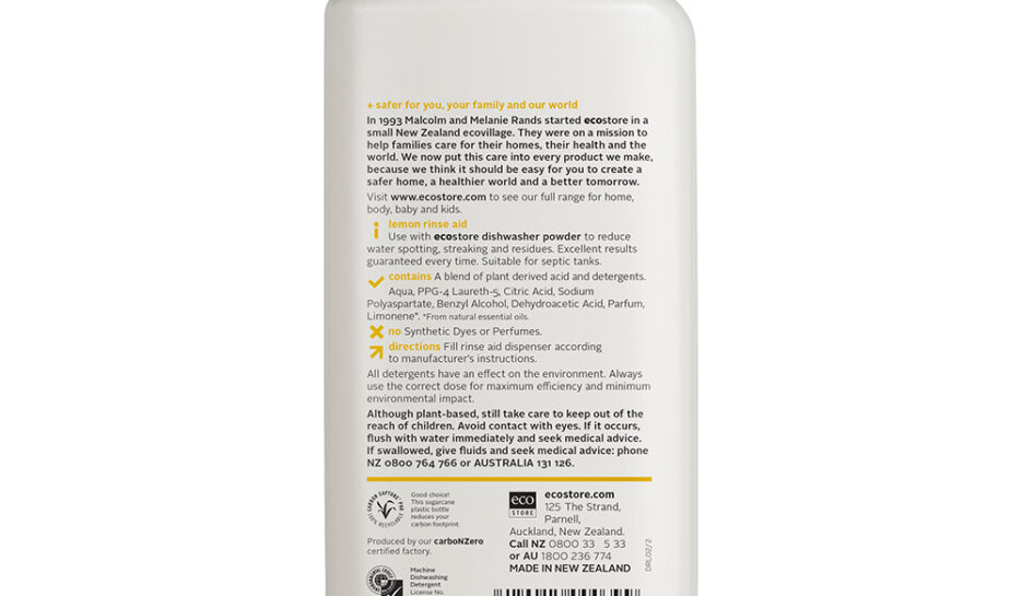 ecostore Lemon Rinse Aid back packaging