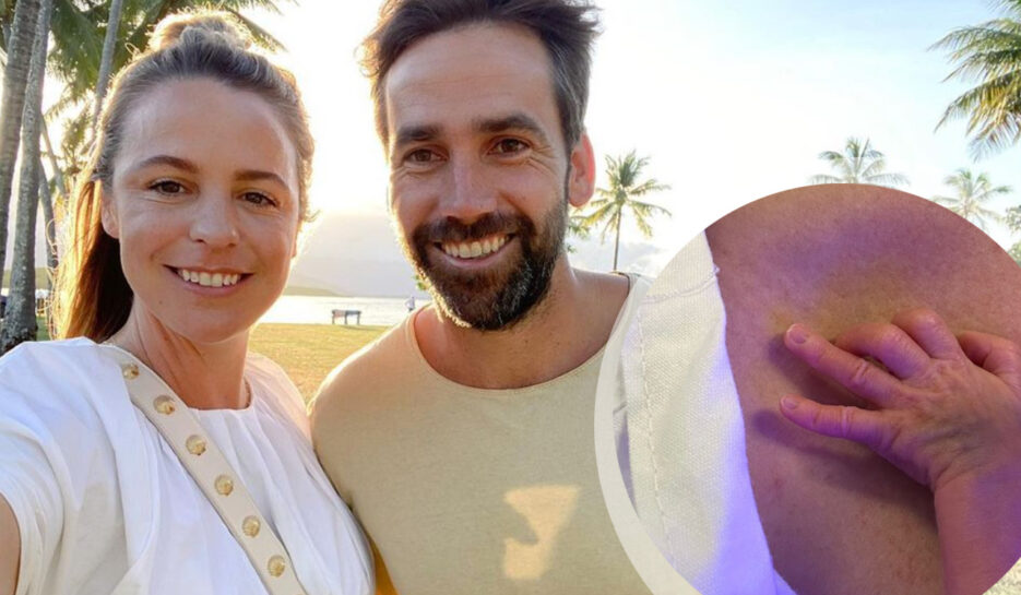 Bachelor star Elise Stacy and husband Justin Kosmina and inset photo of their baby's hand
