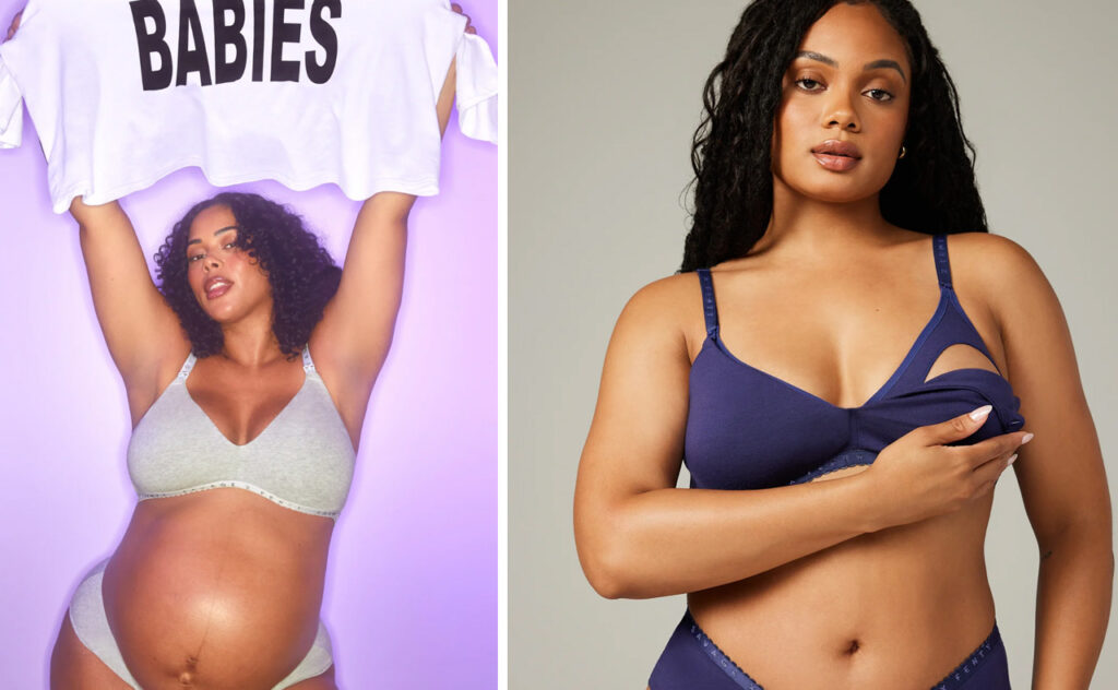 Side by side product images of the Savage Fenty X maternity bras modelled by curvy pregnant women.