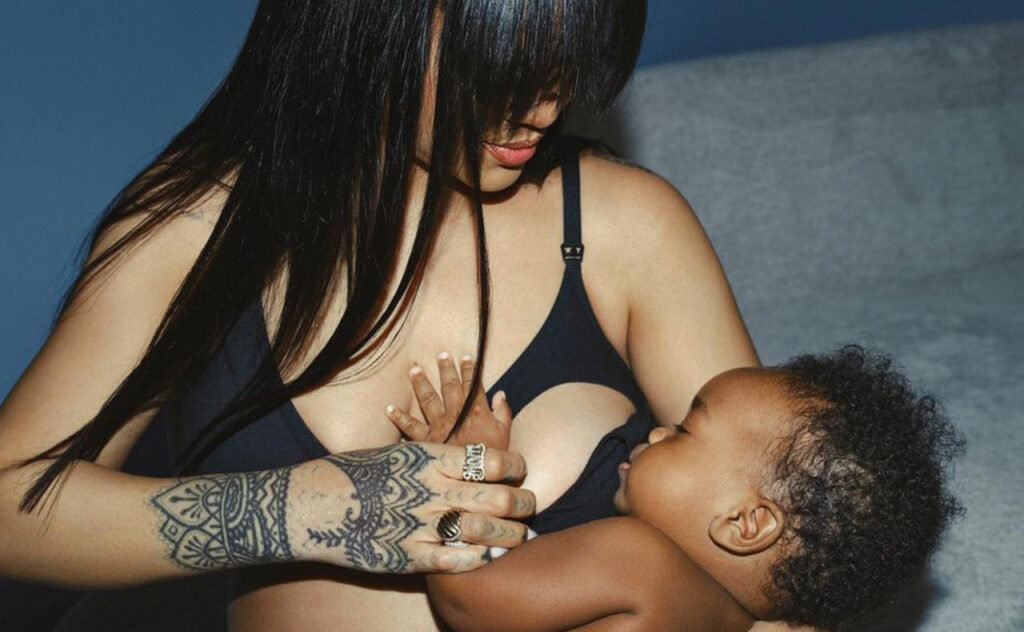 Rihanna breastfeeds son RZA while wearing the Savage Fenty X maternity bra.