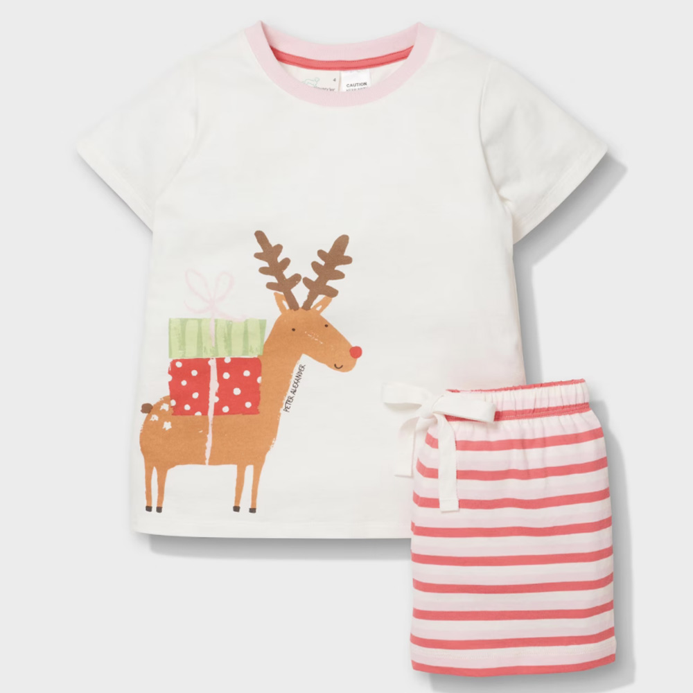 Girls' white Christmas PJs t-shirt with a reindeer on it and red and white striped shorts