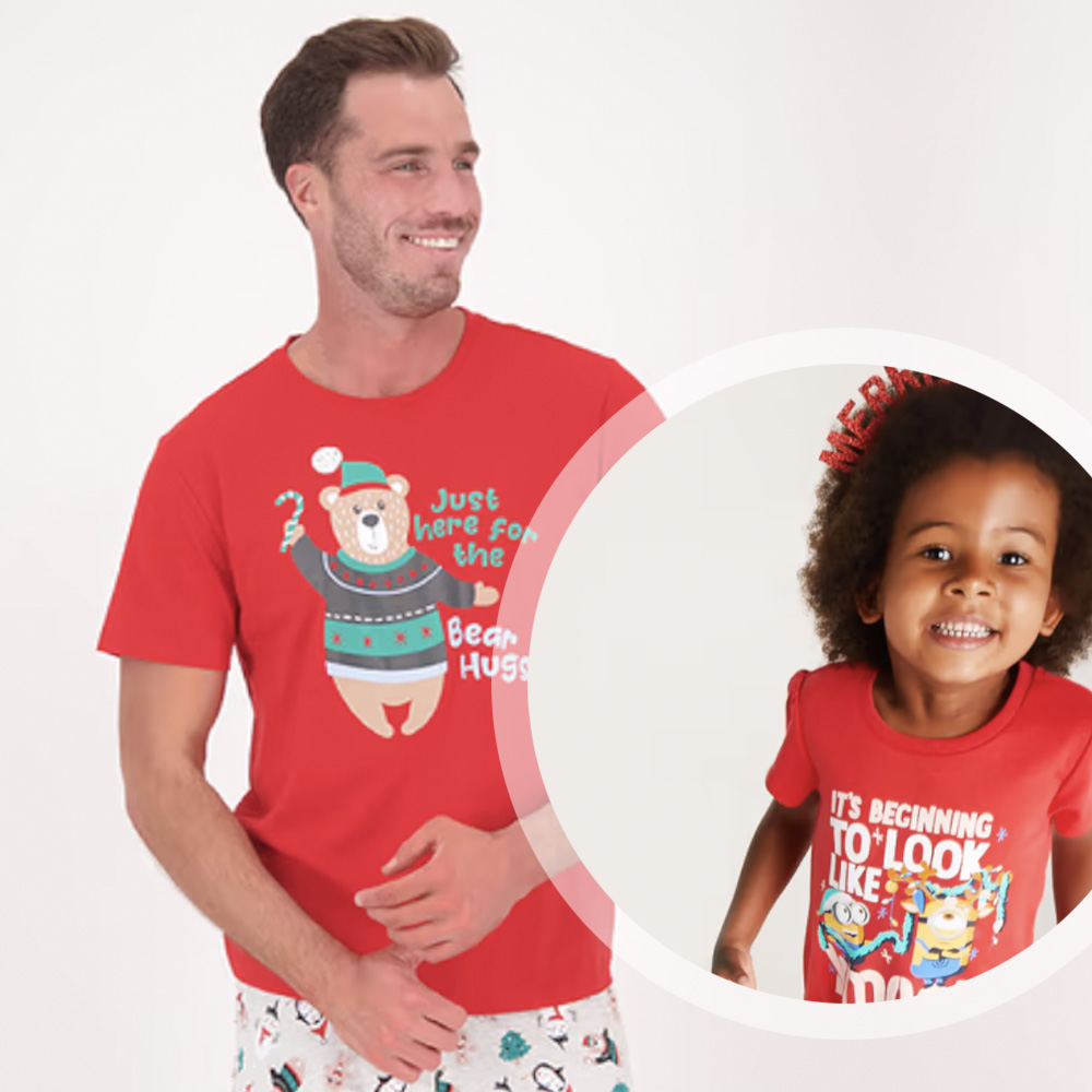 Man wearing red Xmas PJs and inset of young girl with curly dark hair wearing a similar t-shirt