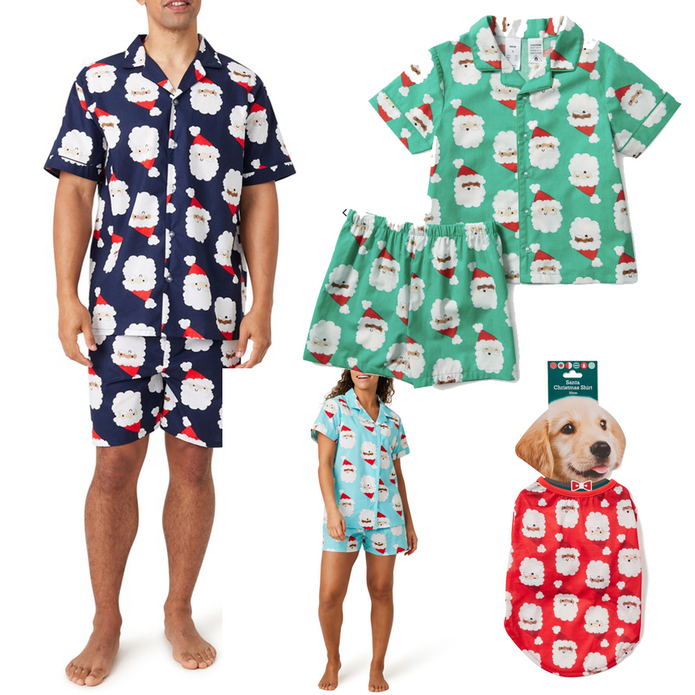 Composite image of a man and a woman wearing different shortie Christmas PJs, plus a Christmas tshort for a dog