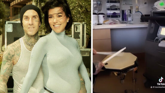 Kourtney Kardashian and Travis Barker plus Travis Barker drumming in the birth suite.