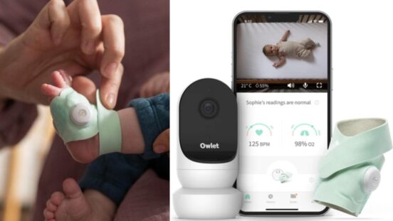Owlet duo monitor 2 with phone, wearable, camera and inset of baby's foot with the wearable