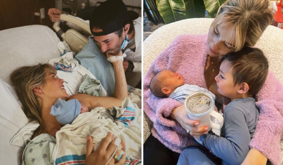 Hospital photo of Claire Holt with her partner and newborn baby, and with another of her children