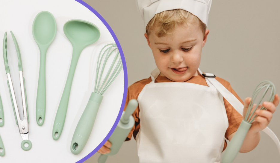 Montessori Mates kids kitchen utensils set plus toddler child wearing chef's outfit holding a rolling pin