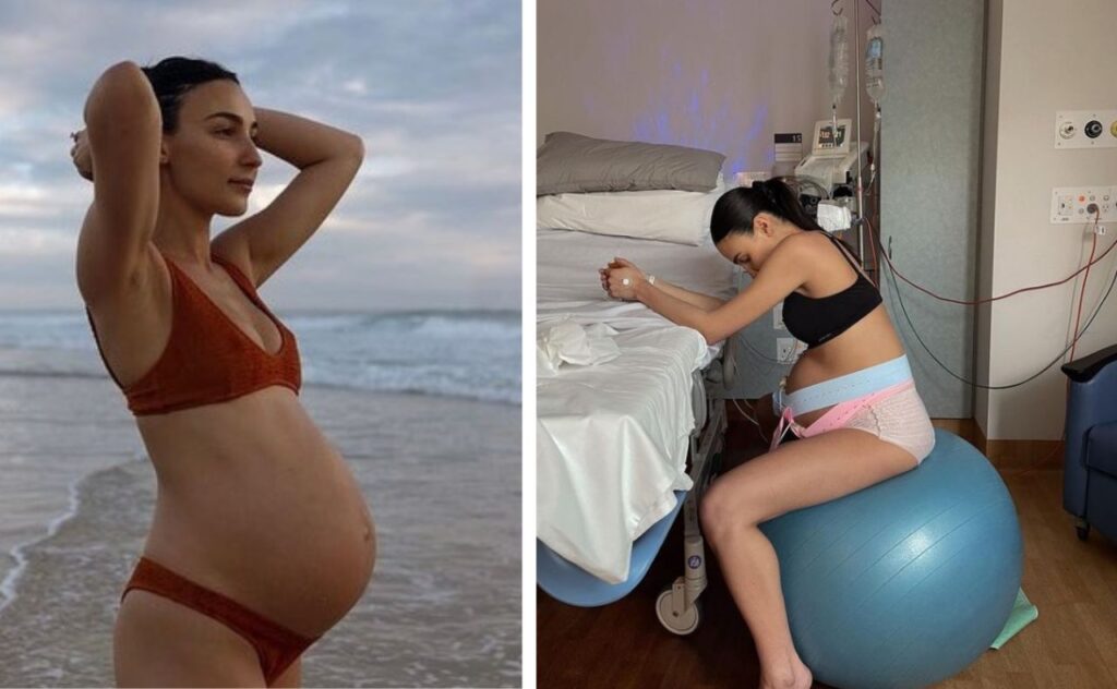 Tayla Broad pregnant at the beach and sitting on a fitness ball during labour