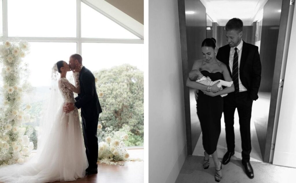 Tayla and Nathan Broad's wedding and the couple with their daughter. 