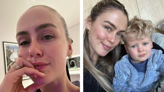 Steph Claire Smith crying and with her son, Harvey