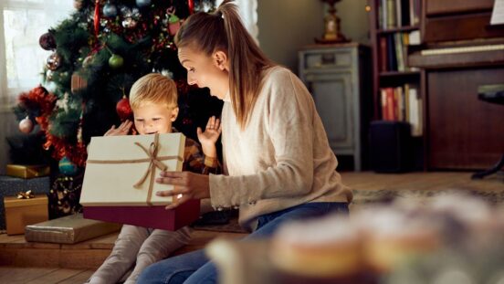 Mother and toddler on Christmas morning