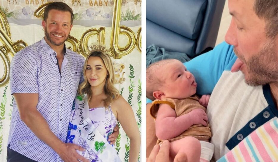 Home And Away's Luke Jacobz and Raychel Stuart at their baby shower and Luke poking his tongue out to his newborn daughter. 