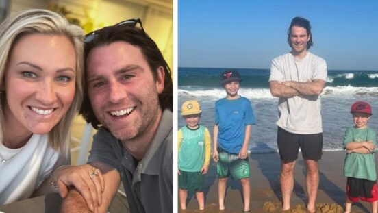 Jimmy Rees with wife Tori and standing on a beach with his three children