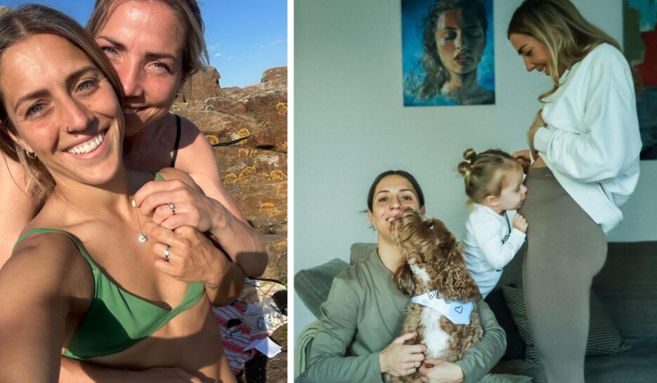 Katrina and Clara got engaged in June 2023. Harper kisses Clara Markstedt's baby bump. 