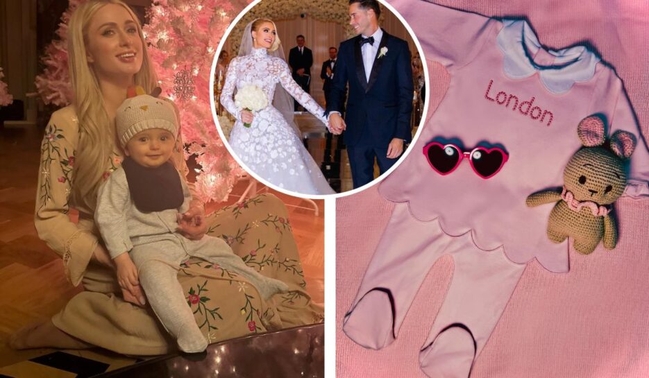 Paris Hilton in front of pink Christmas tree with son Phonenix; a wedding photo of Paris and Carter Reum; announcing the arrival of daughter with pink girls clothes, pink sunglasses and teddy, top has the name London on it.