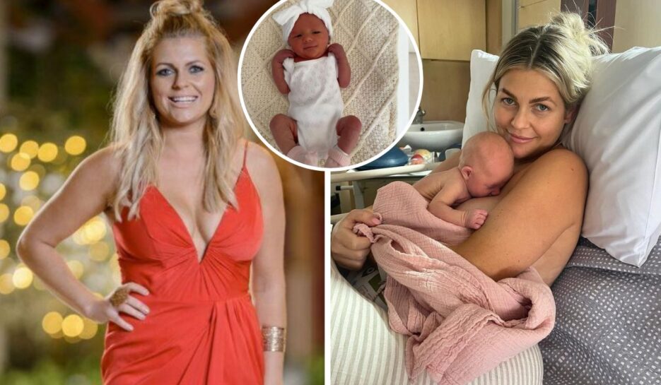 Faith Williams in red dress on The Bachelor and in hospital after giving birth to daughter Evie Mae.