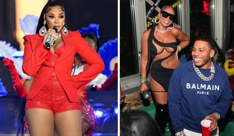 Ashanti performing on stage in a red shorts suit; Ashanti with rapper Nelly.