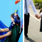 Girl walking to school holding father's hand. Girl in occupational therapy swing.