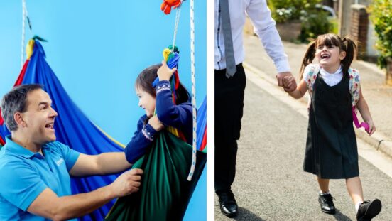 Girl walking to school holding father's hand. Girl in occupational therapy swing.