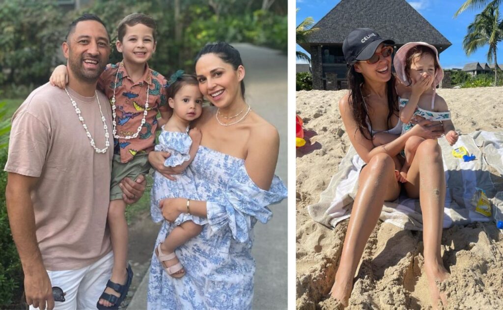 Zoe Marshall with Benji Marshall and their children and at the beach with Ever.