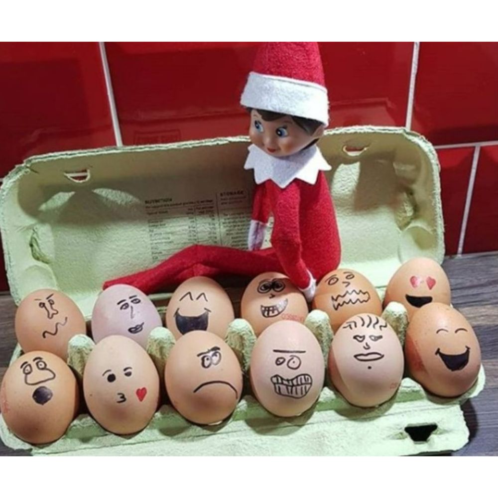 Elf on the shelf and a carton of eggs