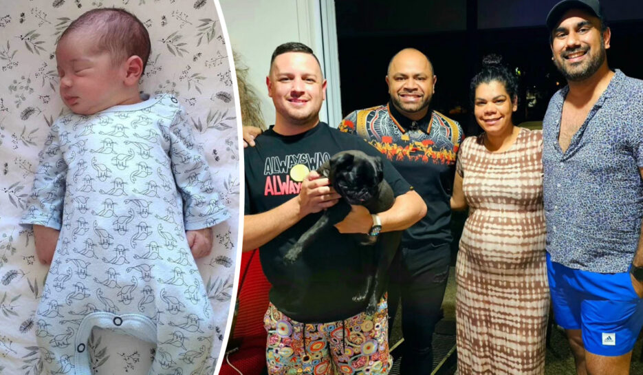 Gogglebox Australia's Kevin, Bob, Jared, and Mia with Mia's newborn daughter, Milaya.