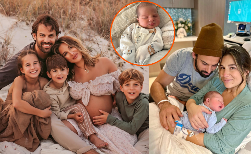 Pregnant Jessie James Decker with her family, and with her husband and newborn baby