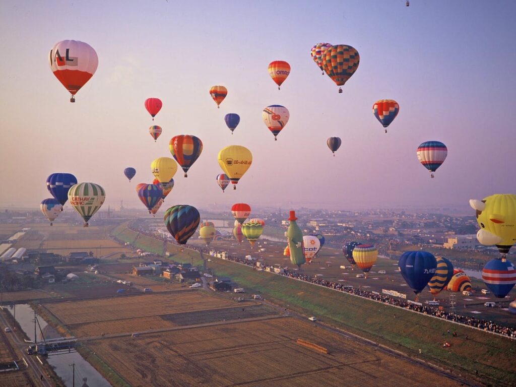 Arial shot of balloons at King Valley Balloon Fiesta, Victoria's High Country