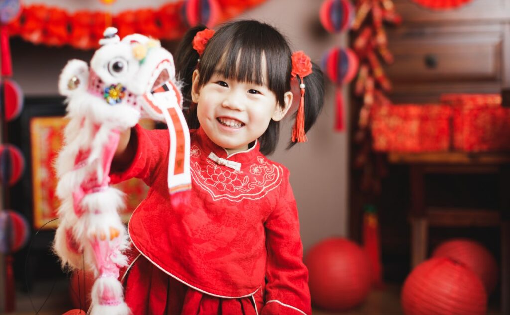 Chinese baby girl with traditional dressing up celebrate Chinese new year