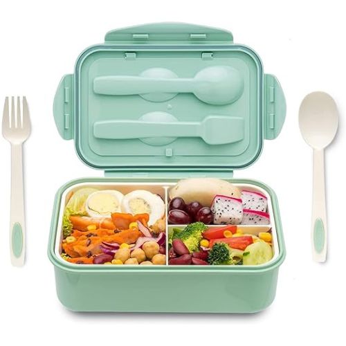 Green Bento box with spoon and fork from amazon