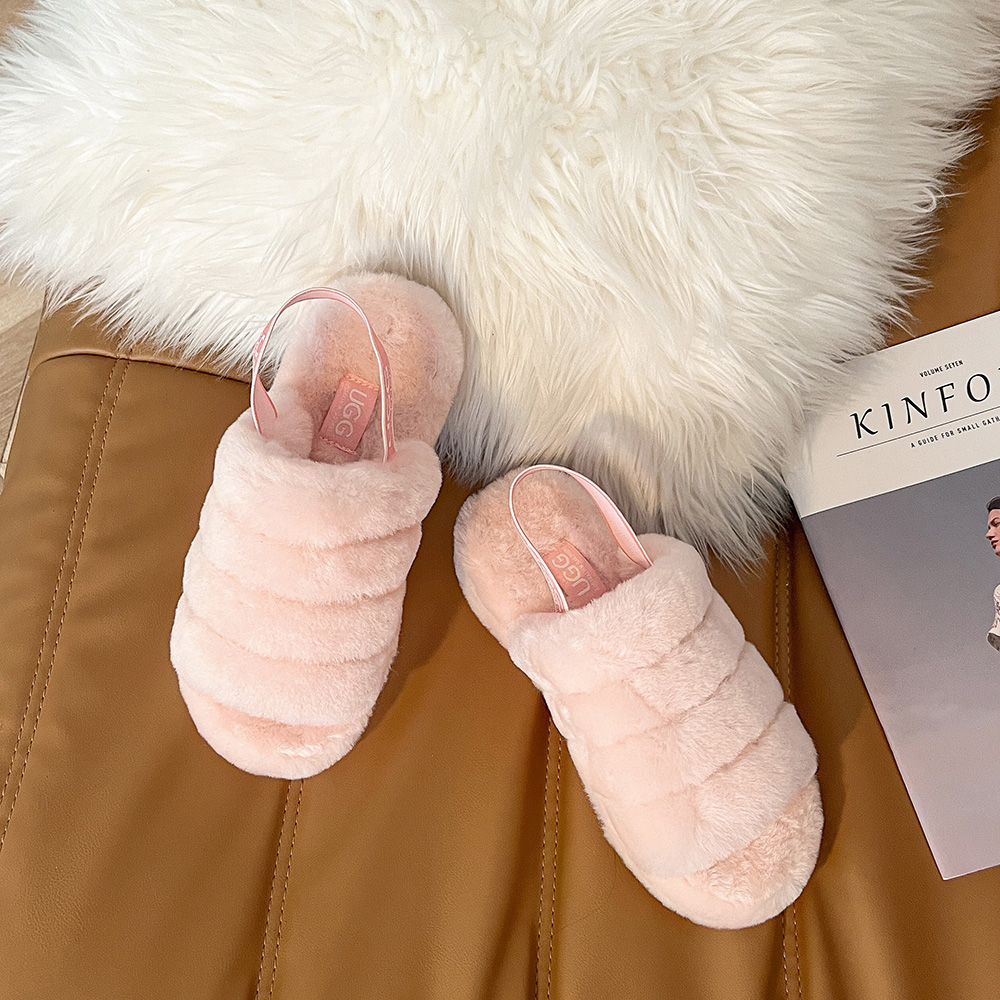 Pink Australian Shepherd Puffy Fluffy Slides against white fluffy cushion