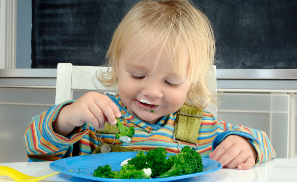 Blonde haired toddler happily dipping broccoli florets into a white sauce