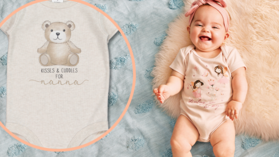 Smiling baby in headband and cute body suit, lying on rug next to cardigan and leggings