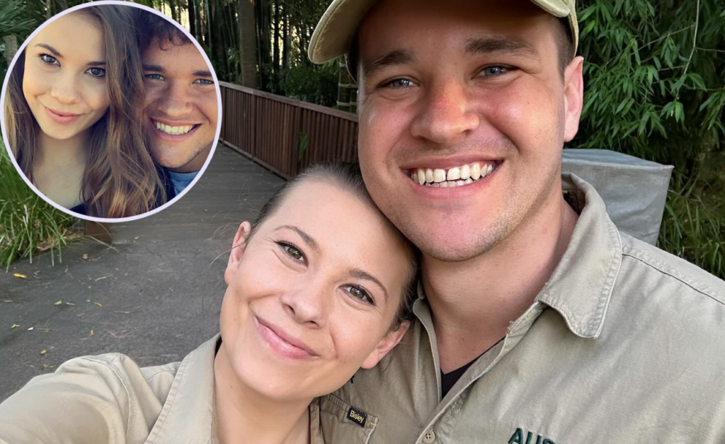 Two photos of Bindi Irwin and Chandler Powell showing 