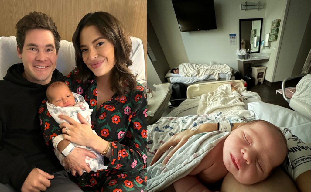 Adam Devine and Chloe Bridges with their newborn son Beau