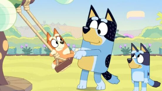 Bluey, The Sign: Bandit pushing Bingo on swing