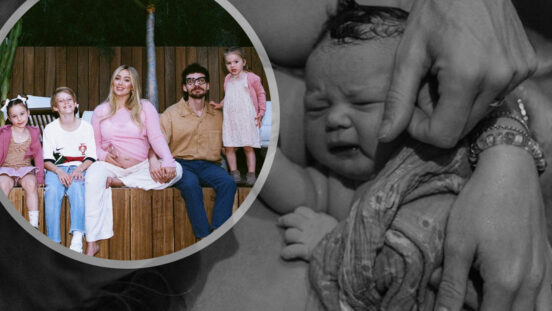 Hilary Duff, Matthew Koma and children with newborn pic
