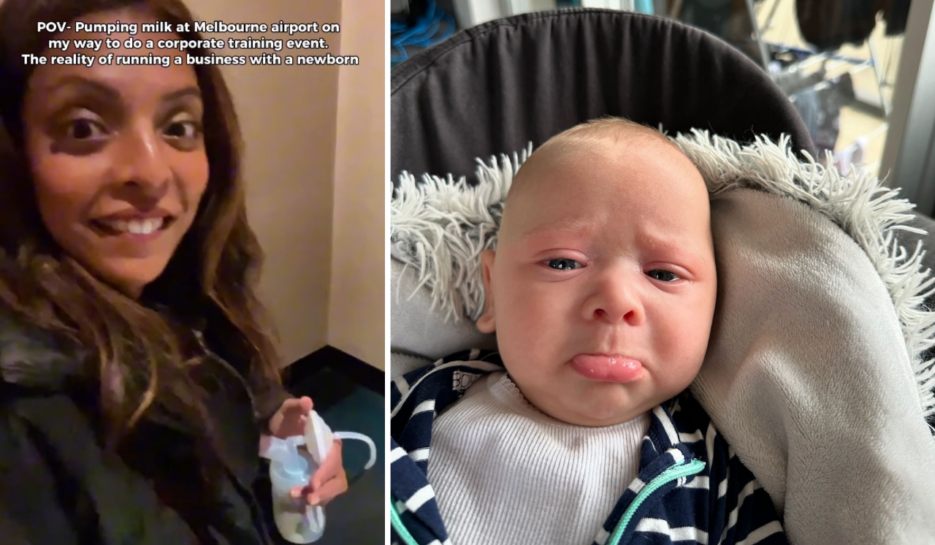 Businesswoman and Big Miracles guest Sheila V using a breast pump and inset a picture of her son Phoenix making a cute teary 'feed me' face