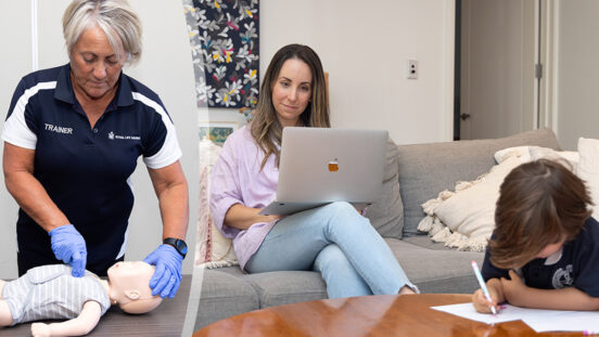 Water safety experts’ launch free training to help families learn to save a life Mum studying online while small boy colours in.