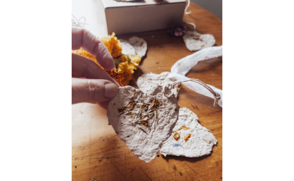 DIY Marigold Seed Paper Hearts craft process