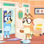 Animation still of Bluey family using robot vac