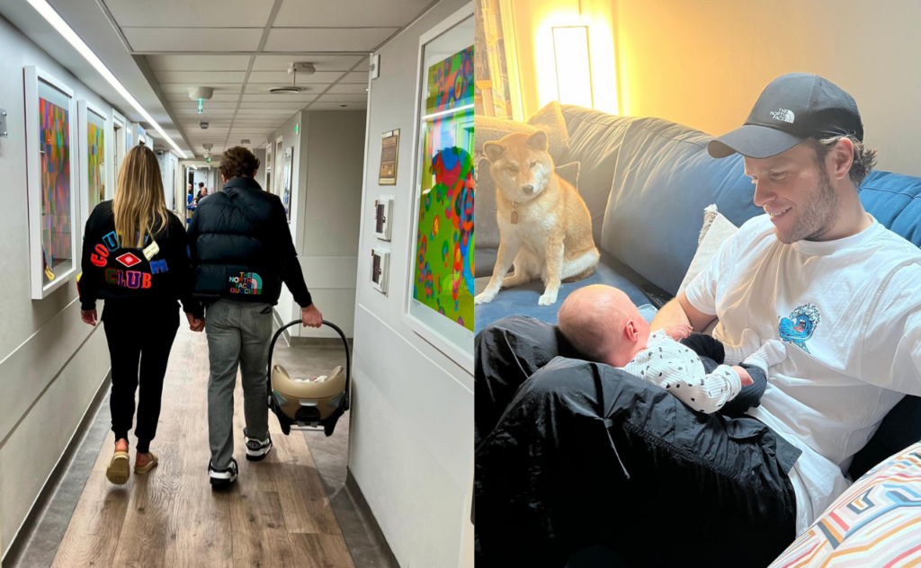 Olly and Amelia Murs leaving hospital with their newborn daughter in a car capsule, unset dad Olly with daughter on his lap