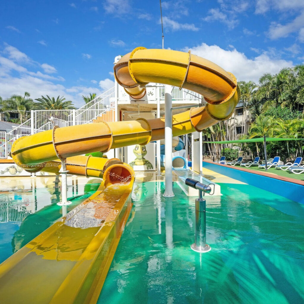 Pool and slide area at Turtle Beach resort Gold Coast Queensland