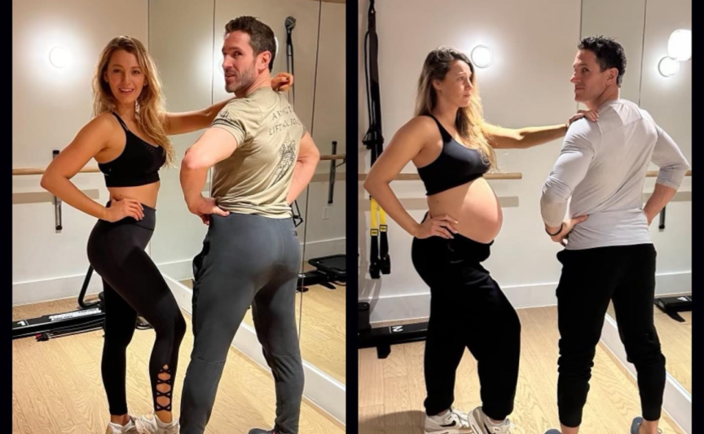 Actress and mum of four, Blake Lively posing in the gym with her husband Ryan Reynolds, and heavily pregnant alongside her personal trainer in the same gym. 