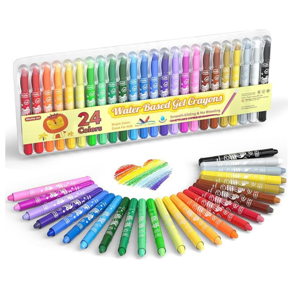 A package shot of 24 brightly coloured twistable gel pens with a fan of the same pens laid out in front