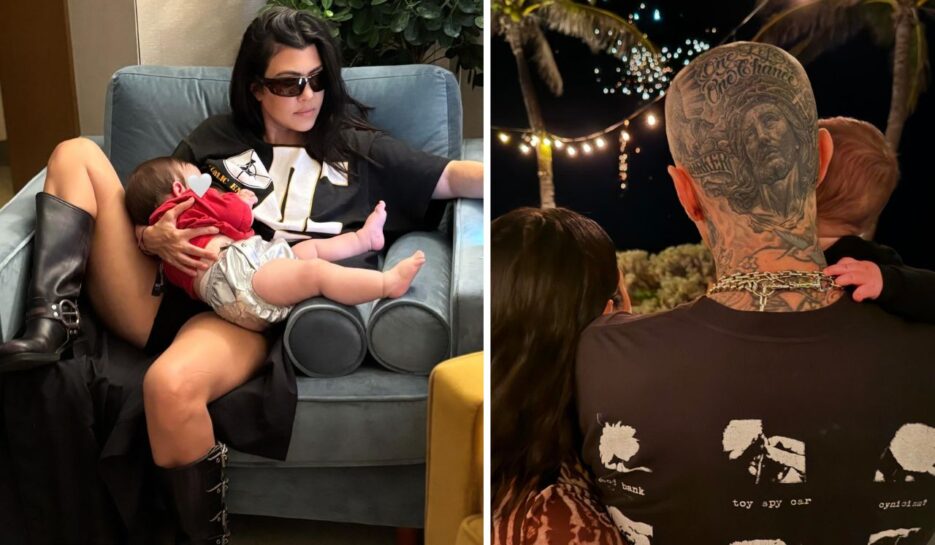 Kourtney Kardashian breastfeeding baby Rocky and inset photo showing the back of her and Travis Barker who is holding Rocky. 