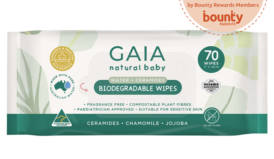 GAIA Natural Baby Biodegradable Water Wipes with 4.5 star rating Bounty Parents Trial Team Badge
